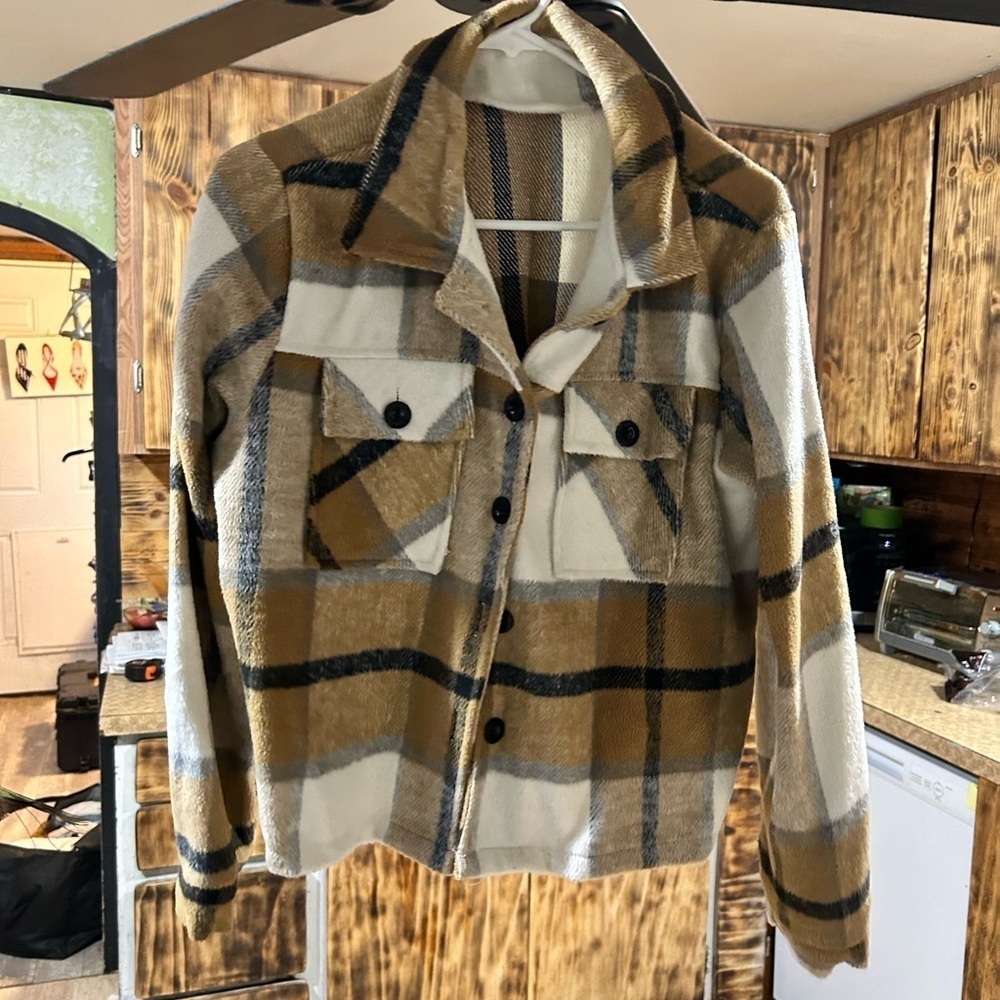 Shein Brown and White Utility Jacket with Plaid Pattern - Picture 5 of 6